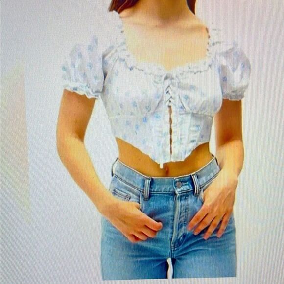 New! LA Hearts Linen Blend Floral Corset Top White & Blue Ruffles Size M - Picture 2 of 10